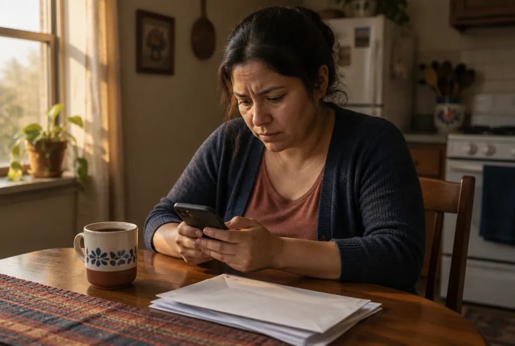 Una mujer en la mesa de su cocina escribe en su teléfono