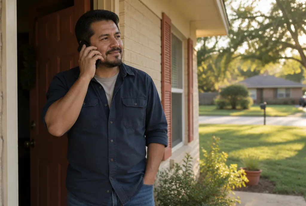 Un hombre en la puerta de su casa habla por teléfono