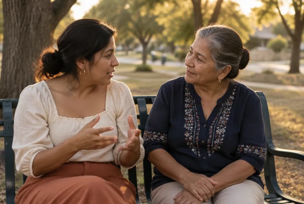 Dos mujeres platican en español en una banca del parque